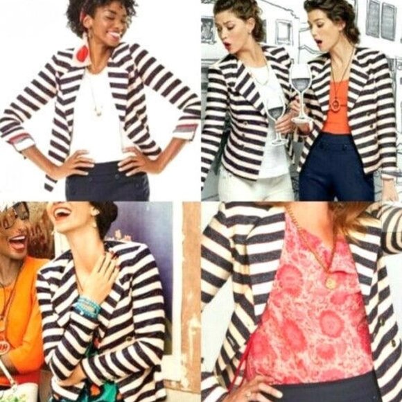 Cabi Cruise Navy Cream Red Striped Nautical Jacket 6 - Picture 2 of 11